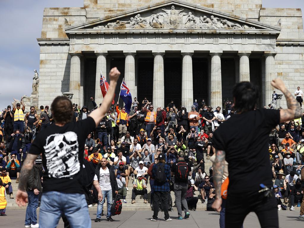 Construction workers protest at The Shrine of Remembrance. Picture: Alex Coppel.