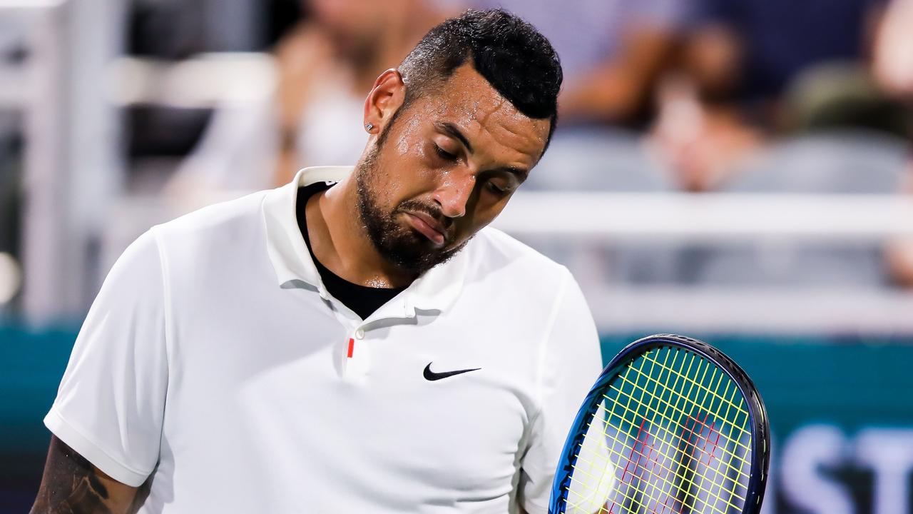 ATLANTA, GA - JULY 29: Nick Kyrgios of Australia reacts after losing the second-to-last point in a match he ultimately lost to Cameron Norrie of Great Britain at the Truist Atlanta Open at Atlantic Station on July 29, 2021 in Atlanta, Georgia. Casey Sykes/Getty Images/AFP == FOR NEWSPAPERS, INTERNET, TELCOS &amp; TELEVISION USE ONLY ==