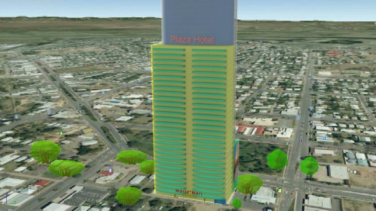 3D images of the 36-storey "Rockhampton Tower" to be built on the site of The Plaza Hotel on George St.