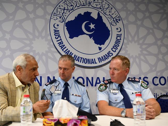 Former NSW Police Commissioner Mick Fuller (right) and then Acting Deputy Commissioner Michael Willing with Grand Mufti of Australia Ibrahim Abu Mohamad in Sydney in 2019. Picture: AAP