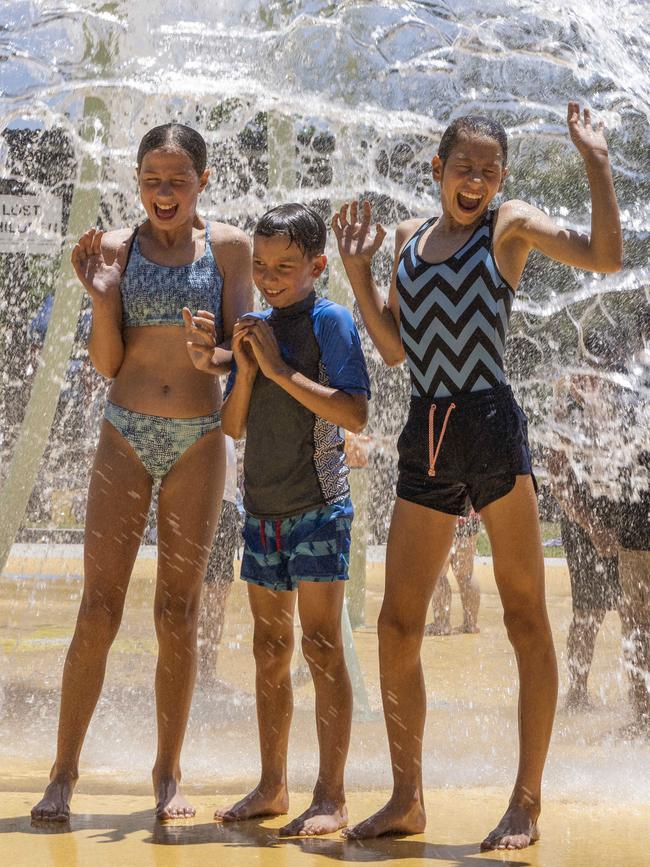 Zoe Kourembes, 11, Harry Kourembes, 8, and Sofie Kourembes, 12, at the water park. Picture: Matthew Vasilescu