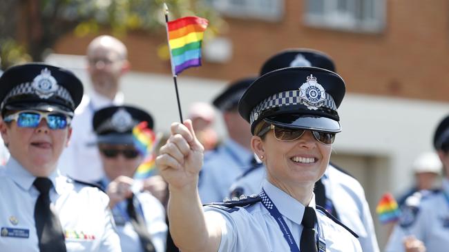 Uniformed Queensland police officers taking part in the Brisbane Pride Day march in 2017. Picture: Regi Varghese.