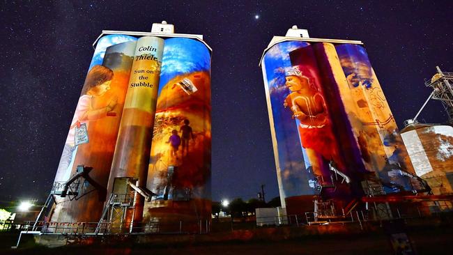 Eudunda’s silo art, by artist Sam Brooks, at night. Picture: Grant Schwartzkopff