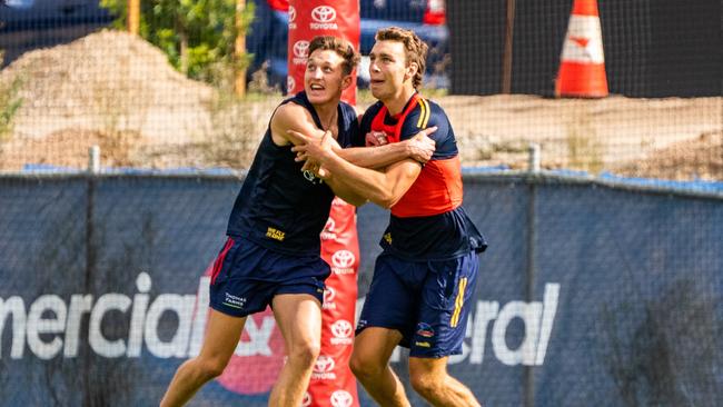 Lachie Gollant and Riley Thilthorpe at Crows training.