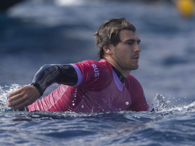 TEAHUPO'O, FRENCH POLYNESIA - AUGUST 01: Jack Robinson of Team Australia paddles during the quarterfinals of surfing on day six of the Olympic Games Paris 2024 on August 01, 2024 in Teahupo'o, French Polynesia. (Photo by Ed Sloane/Getty Images)