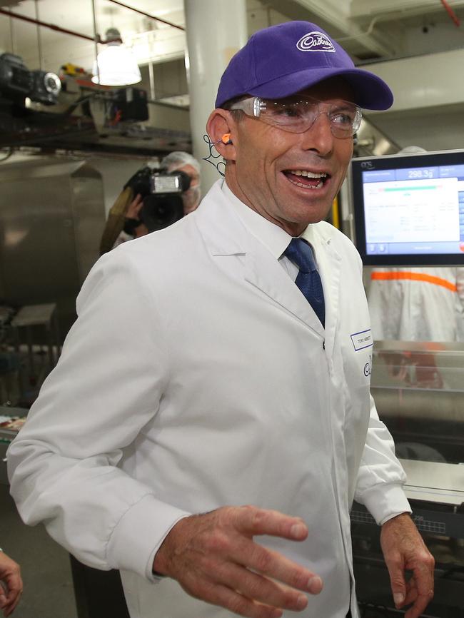 Then Opposition Leader Tony Abbott tours the Cadbury chocolate factory during the 2013 election campaign promising a $16 million upgrade to the visitor centre that the company later torpedoed. Picture NEWS CORP