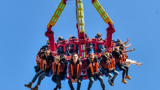 Loxton High School year 10 students Hunter Walmesley-Cotham and Javen Gum testing the Extreme Thriller ride at the Royal Show. Picture: Brenton Edwards