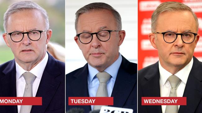 Anthony Albanese has stuck with grey for the first three days of the 2022 federal election campaign. Pictures: Toby Zerna