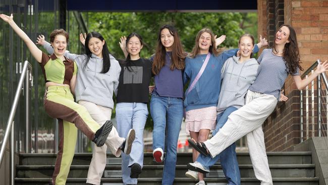 MLC students Lottie Ostrowski, Levina Duong, Sophie Yang (Dux), Violet Zheng (Dux), Mia Booth, Clare Beaton-Wells and Natalya Kay (Dux secondus). Picture: David Caird