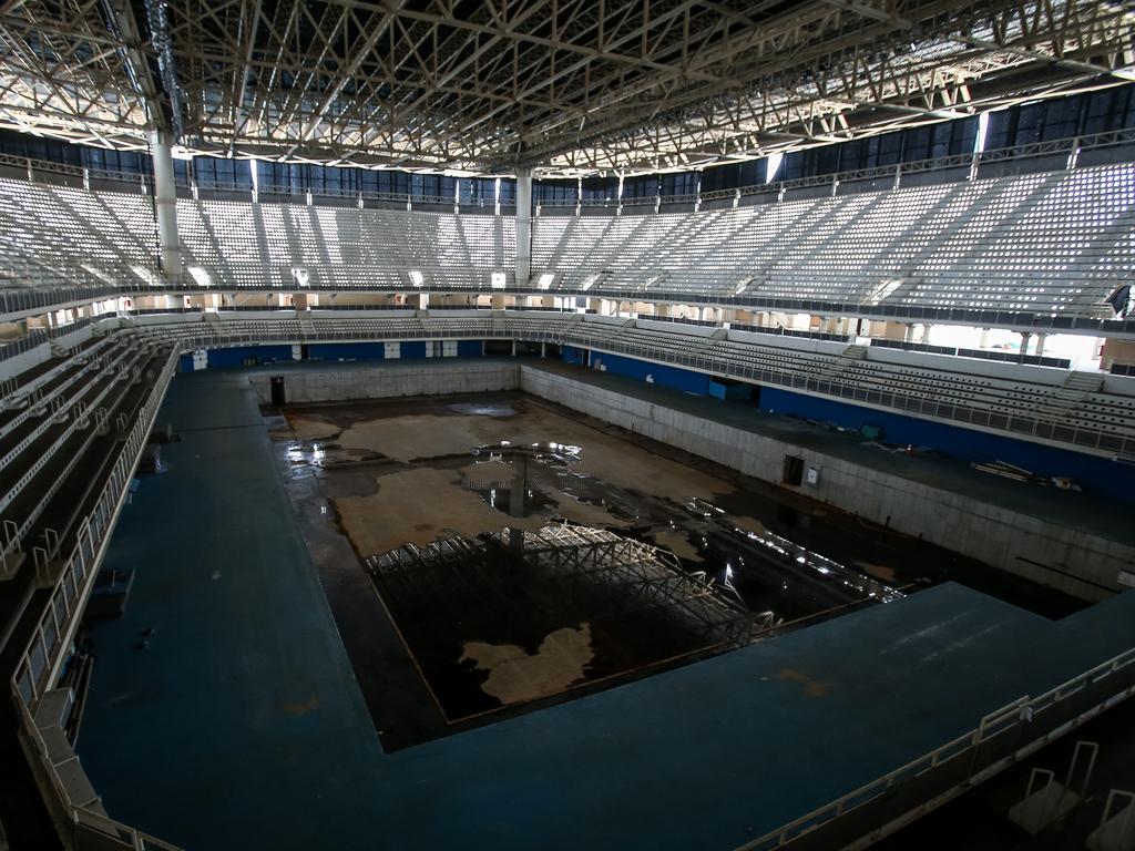 The mostly abandoned Olympic Aquatics stadium at the Olympic Park in Rio de Janeiro, Brazil.