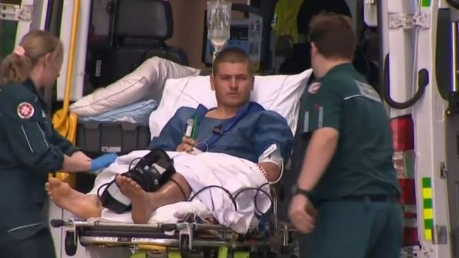 Ballina surfer Jack Frost recounted his shark attack victim after being bitten at Gnarabup Beach in Western Australia. Picture: 9 News