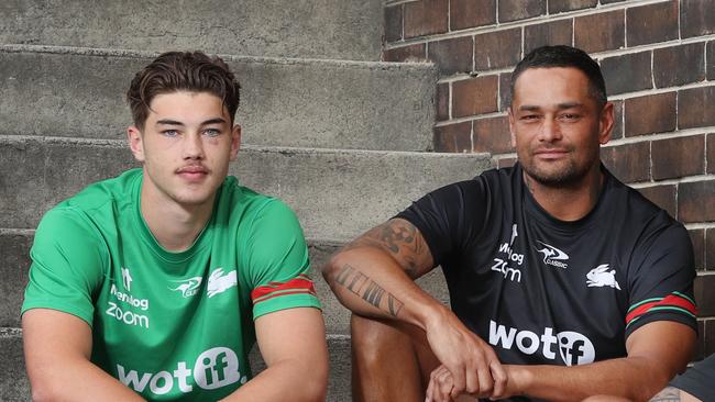 Rabbitohs legend John Sutton is part of the coaching staff with the junior sides. He is pictured with rising star Tallis Duncan. Picture: Richard Dobson