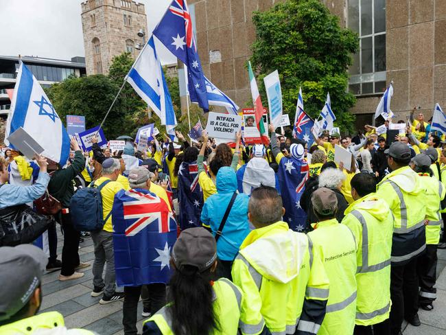 SYDNEY, AUSTRALIA - NewsWire Photos May 3, 2024: Pro Israel protest at Sydney University today to call for an end to what they say is hate on campus and to address the safety of Jewish students. Security divided Pro-Jewish from Pro-Palestinian protests on campus. Picture: NCA NewsWire / David Swift