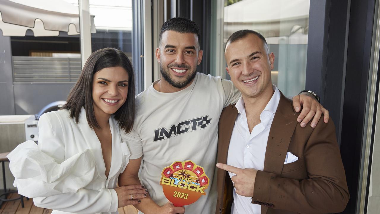 Contestants Steph and Gian at The Block 2023 auctions at Hampton East with buyer of their home Adrian Portelli. Picture: Supplied/Channel 9