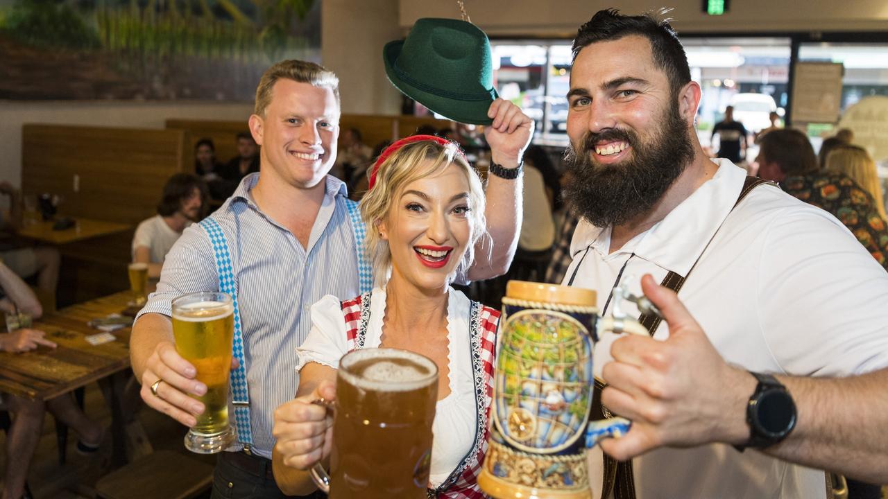 The organisers of Oktoberfest Aaron Goldie (left) of Konig's Biergarten Toowoomba and Josie Adams and Adrian Cubit of 4 Brothers Brewing as the businesses join forces, Saturday, October 23, 2021. Picture: Kevin Farmer