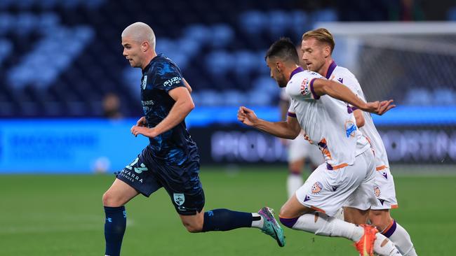 Sydney FC striker Patrick Wood (left) is hungry for goals. Picture: Mark Evans/Getty Images