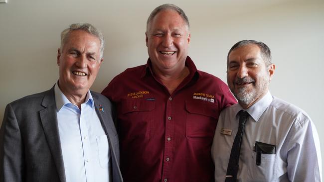 All smiles after clashing: (From left) incumbent mayor Greg Williamson, Steve Jackson, and incumbent councillor Laurence Bonaventura, at the Mackay Chamber of Commerce Q&amp;A. Picture: Heidi Petith