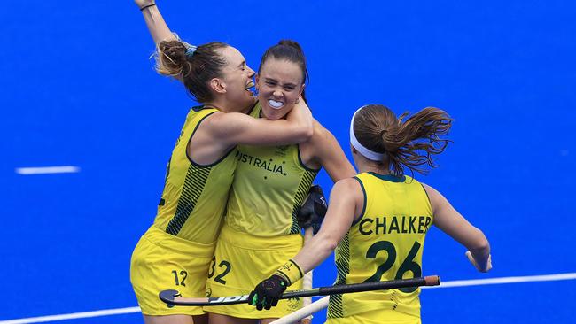 Savannah Fitzpatrick scores for Australia during Australia V Argentina Women's Hockey game at Oi Hockey Stadium in the 2020 Tokyo Olympics. Pics Adam Head