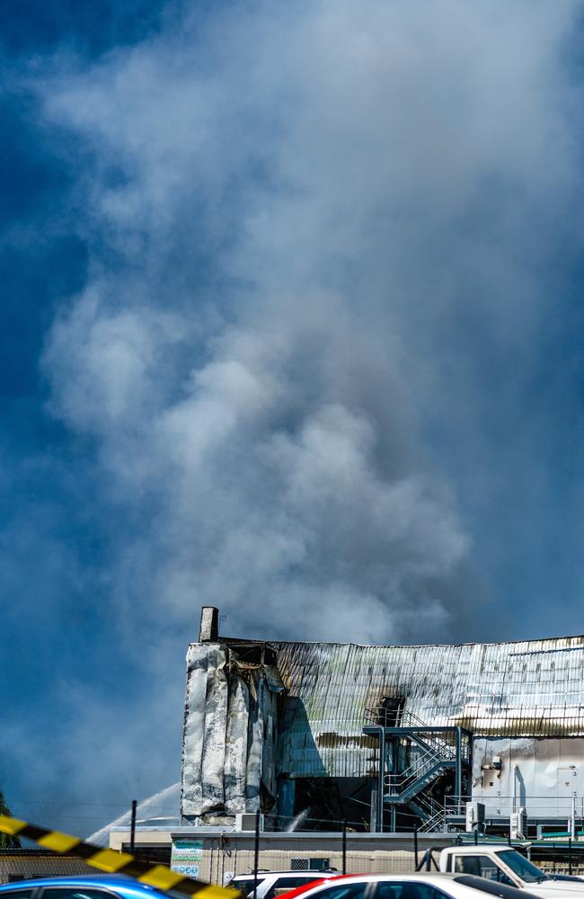 The large fire burns at the Thomas Foods Murray Bridge abattoir last January. Picture: AAP / Roy Vandervegt