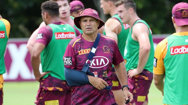 Assistant coach Terry Matterson, with his arm in a sling, didn’t shy away from his responsibilities, as he addressed the Payne Haas situation. Picture: Liam Kidston