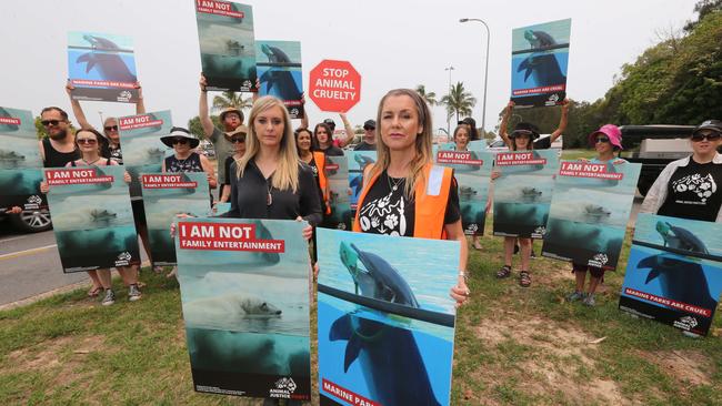 Animal Rights Protestors pictured on Sea World Dr, Main Beach opposite SeaWorld. L-R NSW MP Emma Hurst of the Animal Justice Party and Local Renee Stewart Candidate for Division 12 and spokes person for the Animal Justice Party. Pic Mike Batterham