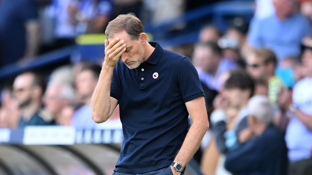 LEEDS, ENGLAND – AUGUST 21: Thomas Tuchel, Manager of Chelsea reacts after Rodrigo Moreno of Leeds United scores their team's second goal during the Premier League match between Leeds United and Chelsea FC at Elland Road on August 21, 2022 in Leeds, England. (Photo by Michael Regan/Getty Images)