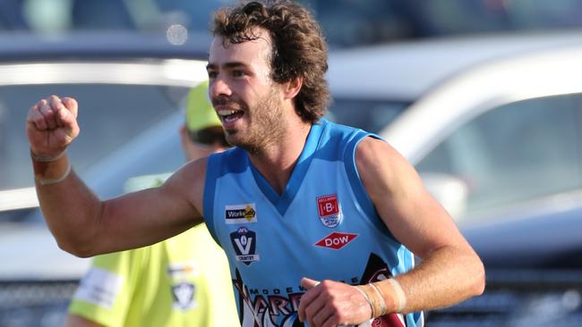 BFL: Modewarre v Torquay at Modewarre. Modewarre's Tom Worpel celebrates his goal. Picture: Mike Dugdale