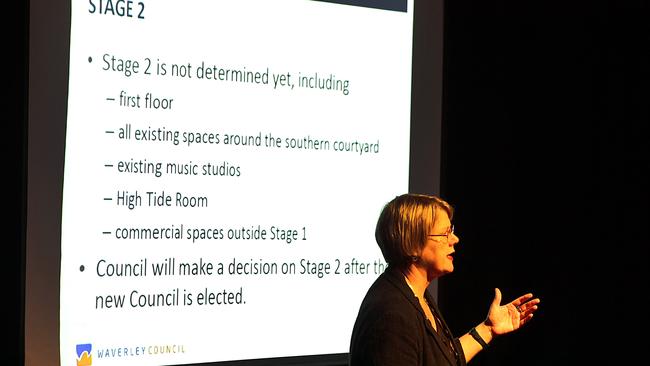 Waverley Council's acting general manager Cathy Henderson at the meeting about the Bondi Pavilion upgrade. Picture: Daniel Aarons