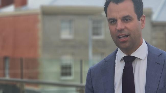 Shadow Treasurer Josh Willie speaks to the media at parliament Square in Hobart on Monday, June 2, 2025.