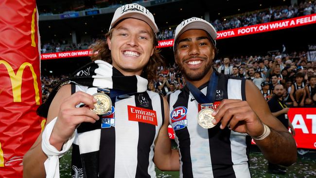 Jack Ginnivan (left) has no plans to leave Collingwood. Picture: Dylan Burns/AFL Photos via Getty Images