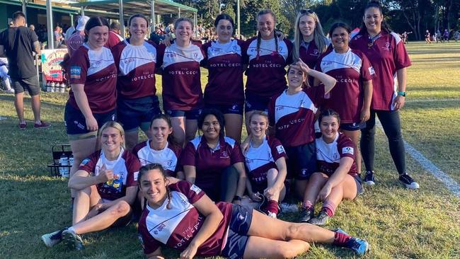 Casino Bulls players (back, from left) Abbie Lorraine, Abby Benn, Zali Wheeler, Mia Saul, Katie Grimmett, Kirby Petty, Jappirra Torrens, coach Sonia Makings, (second row, from left) Samantha Codrington, Abbey Eggins, Moeisha Davis, Kiera Hickey, Lucy Earl, Lilly McAlpine and (front) Tallulah Mohammed pose for team photo.