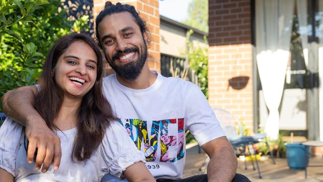 Siri Chandana Gonuri and husband Sai Abhinav Sita. Siri and her husband Abhi, originally from India, bought their first home together in Strathtulloh, west of Melbourne. Picture: Jason Edwards