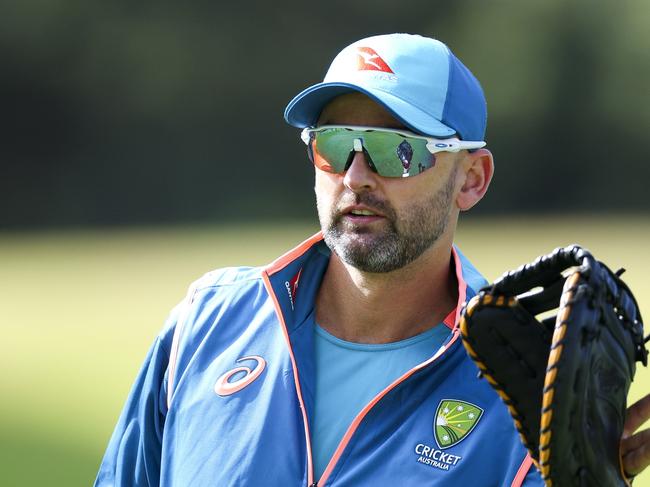 WELLINGTON, NEW ZEALAND - FEBRUARY 27: Nathan Lyon of Australia takes a catch during a nets session ahead of the First Test in the series between New Zealand and Australia at Basin Reserve on February 27, 2024 in Wellington, New Zealand. (Photo by Hagen Hopkins/Getty Images)