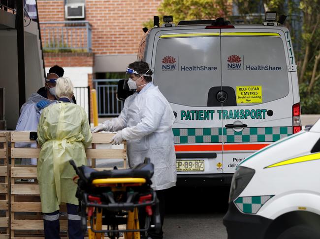 Ambulances prepare to remove residents of an aged care home in Sydney after a Covid outbreak last year. Picture: NCA NewsWire / Nikki Short