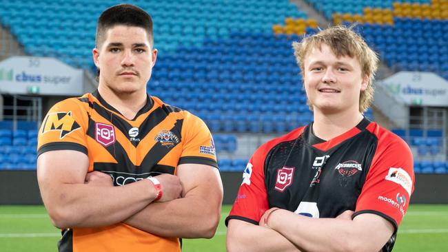 Southport Under-18s Division 2 captain Linden Bichel and his Mudgeeraba counterpart Jack Raithby. Picture: Amy Jordee Photography