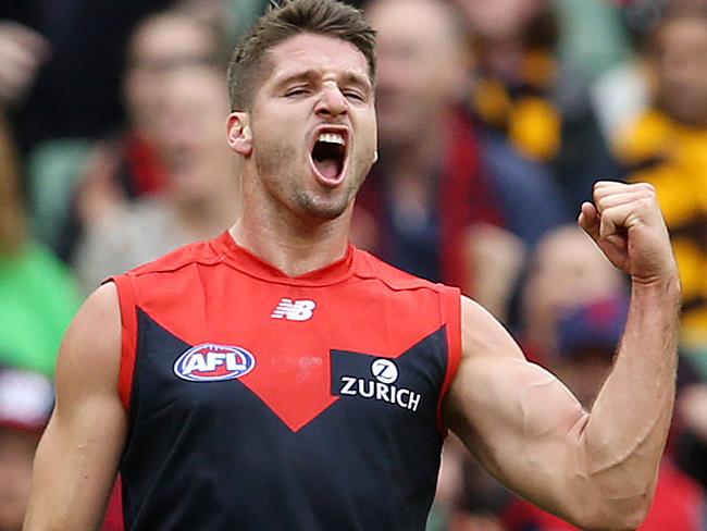 AFL Round 4. 15/04/2018. Hawthorn v Melbourne at the MCG. Melbourne's Jesse Hogan celebrates his goal in the first quarter   . Pic: Michael Klein