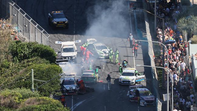 Massive crash at GC500 Supercars due to 'unsafe' tire bundles that drivers wanted removed. Picture: Supercars Communications.