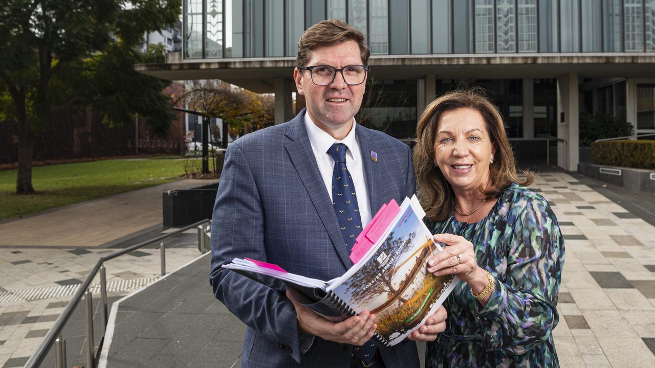 Mayor Geoff McDonald and finance and business strategy general manager Ann-Marie Johnston as Toowoomba councillors formally approve a $703 million budget for 2024-25, Tuesday, June 25, 2024. Picture: Kevin Farmer