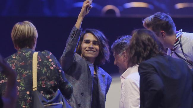 Isaiah Firebrace celebrates making it into the Eurovision final. Picture: AP.