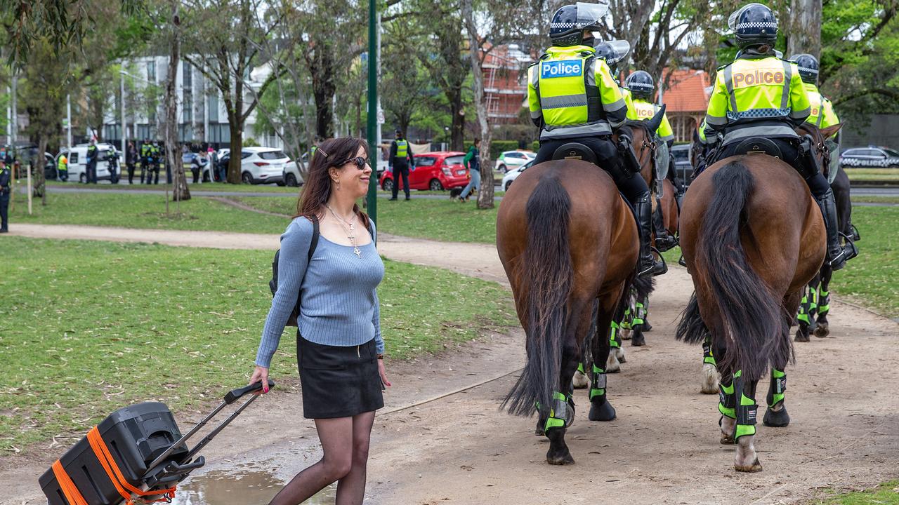 Riot police and officers on horseback patrolled the city. Picture: NCA NewsWire/Sarah Matray