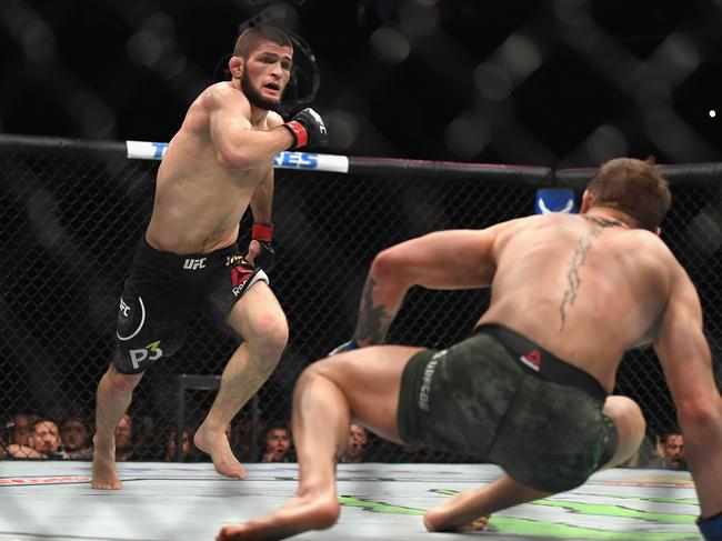 Khabib Nurmagomedov lines McGregor up during their 2018 fight. Picture: AFP