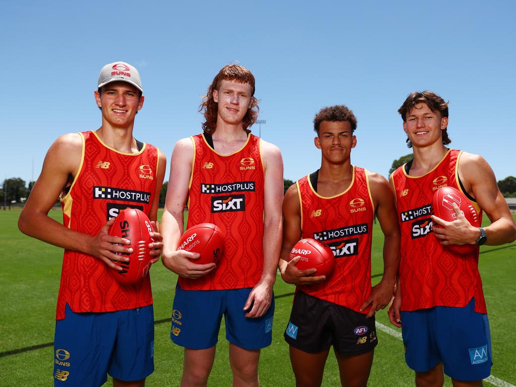 New Suns draftees Asher Eastham, Cooper Bell, Leo Lombard and Lachlan Gulbiin. Picture: Chris Hyde/Getty Images.