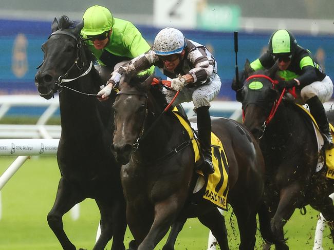 SYDNEY, AUSTRALIA - APRIL 20: Michael Dee riding Magic Time wins Race 8 Schweppes All Aged Stakes during Sydney Racing at Royal Randwick Racecourse on April 20, 2024 in Sydney, Australia. (Photo by Jeremy Ng/Getty Images)