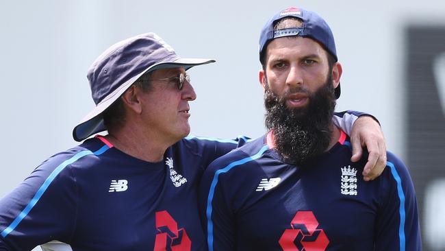 Moeen Ali with coach Trevor Bayliss. Picture: Brett Costello