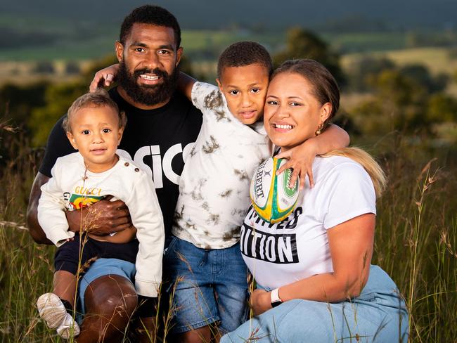 Wallabies winger Marika Koroibete with wife Emma and children Iliesa and Isaiah. Picture: Stuart Walmsley/Rugby Australia