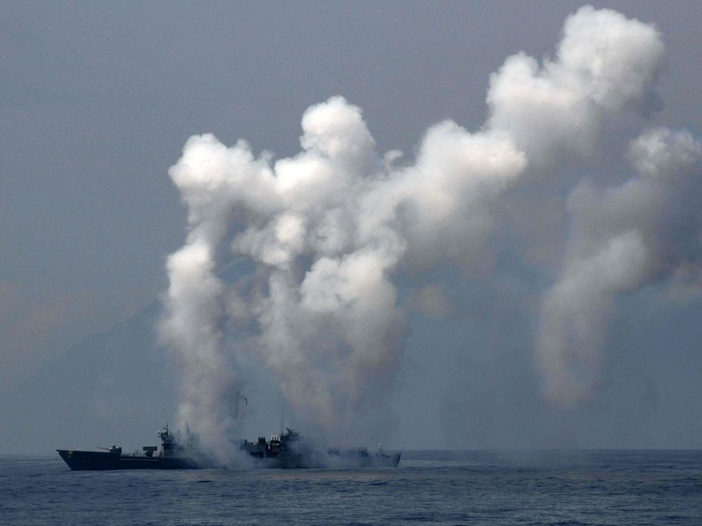 A frigate launching chaff and flare during a drill near the Suao navy harbour. Picture: Sam Yeh/AFP