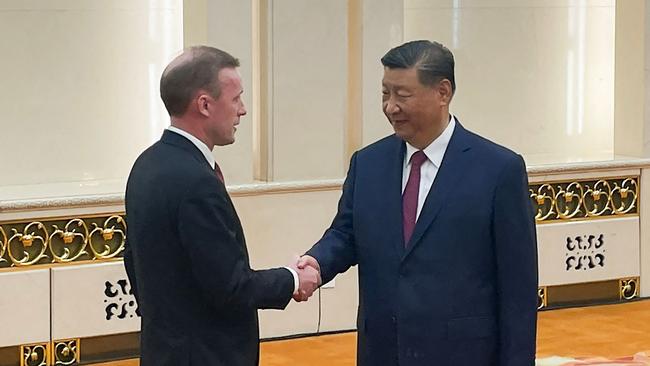 US National Security Advisor Jake Sullivan shakes hands with China's President Xi Jinping during their meeting at the Great Hall of the People in Beijing on Thursday. Picture: Trevor Hunnicutt / pool / AFP