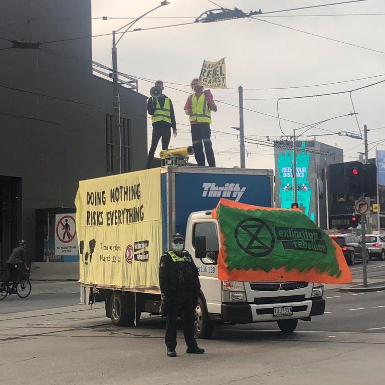 Extinction Rebellion protesters at the intersections of Swanston and Flinders streets. Picture: Supplied