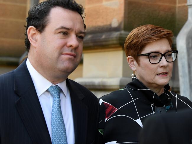 SYDNEY, AUSTRALIA - NCA NewsWire Photos SEPTEMBER, 25, 2020: NSW Minister for Jobs, Investment, Tourism and Western Sydney Stuart Ayres and Minister for Foreign Affairs Marise Payne are seen arriving at the State funeral for former NSW Premier, The Honourable John Fahey AC, at St Mary's Cathedral in Sydney. Picture: NCA NewsWire/POOL/Bianca De Marchi