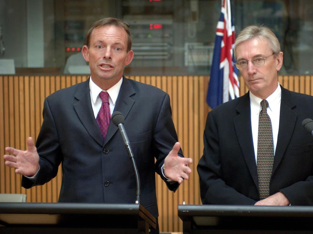 Nick Minchin (right) helped topple Malcolm Turnbull over an emissions trading scheme. Picture: Mark Graham / AAP Image